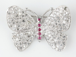 14k White Gold Butterfly Pave Diamond Brooch with Ruby Accents TDW = 1.8... - $1,306.86