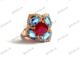 Rubino Anello di Fidanzamento Rosso Topazio Blu Anniversario 3 KT Promessa - £39.70 GBP