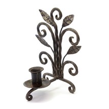 Candle Holder Table Top Black Wrought Iron Candelabra Leafs Rustic Vintage 9&quot; h. - £17.32 GBP