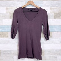 Theory 3/4 Puff Sleeve Tee Brown Solid V Neck Cotton Stretch Casual Womens P XS - £12.62 GBP