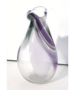 Modernist Art Glass Vase Clear w/Purple &amp; White Swirl Free Form Rim 7&quot;H,... - $36.95 CAD