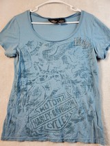 Harley-Davidson T Shirt Top Women Large Blue Cotton Short Sleeve Logo Round Neck - £12.35 GBP