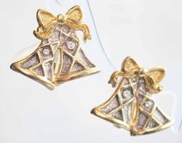 Gold-tone &amp; Silver-tone Rhinestone Christmas Bells Clip Earrings 1970s v... - £10.18 GBP