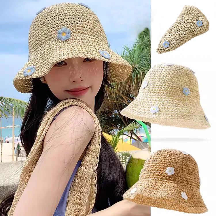 Straw flower caps for women 2024 boho summer travel sunscreen versatile show face small thumb200