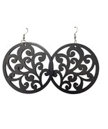 Black Wooden Filigree Cutout Dangle Boho Round Earrings Womens Costume J... - €12,53 EUR