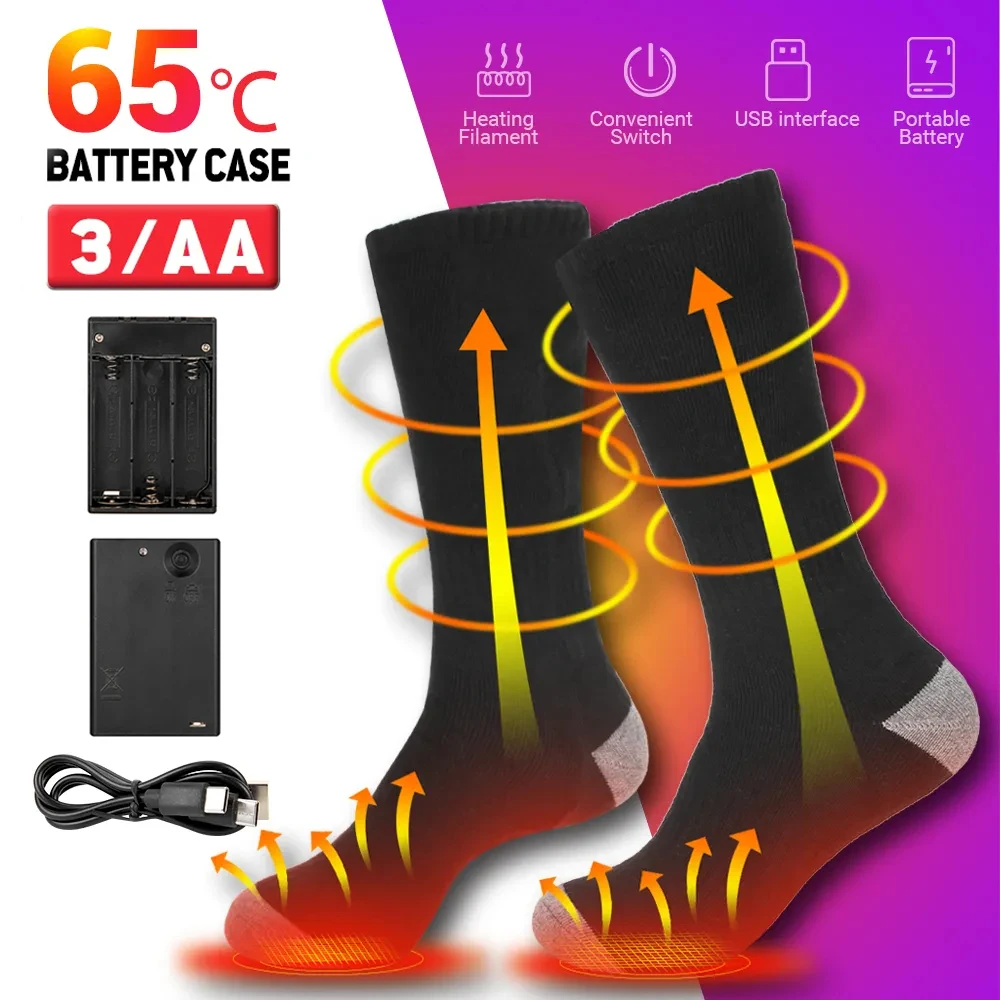 65℃ Moto Heated Socks Men Winter Warm USB Rechargeable Heating Thick Stockings - £23.72 GBP+