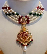 Real Ruby Emerald Pearls Studded Necklace Set 22K 22CT Yellow Gold Bollywood Ind - £2,277.88 GBP