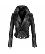 HOT Women&#39;s Black Genuine Lambskin Leather Jacket Biker Motorcycle Slim Fit - $2,211.42 MXN+