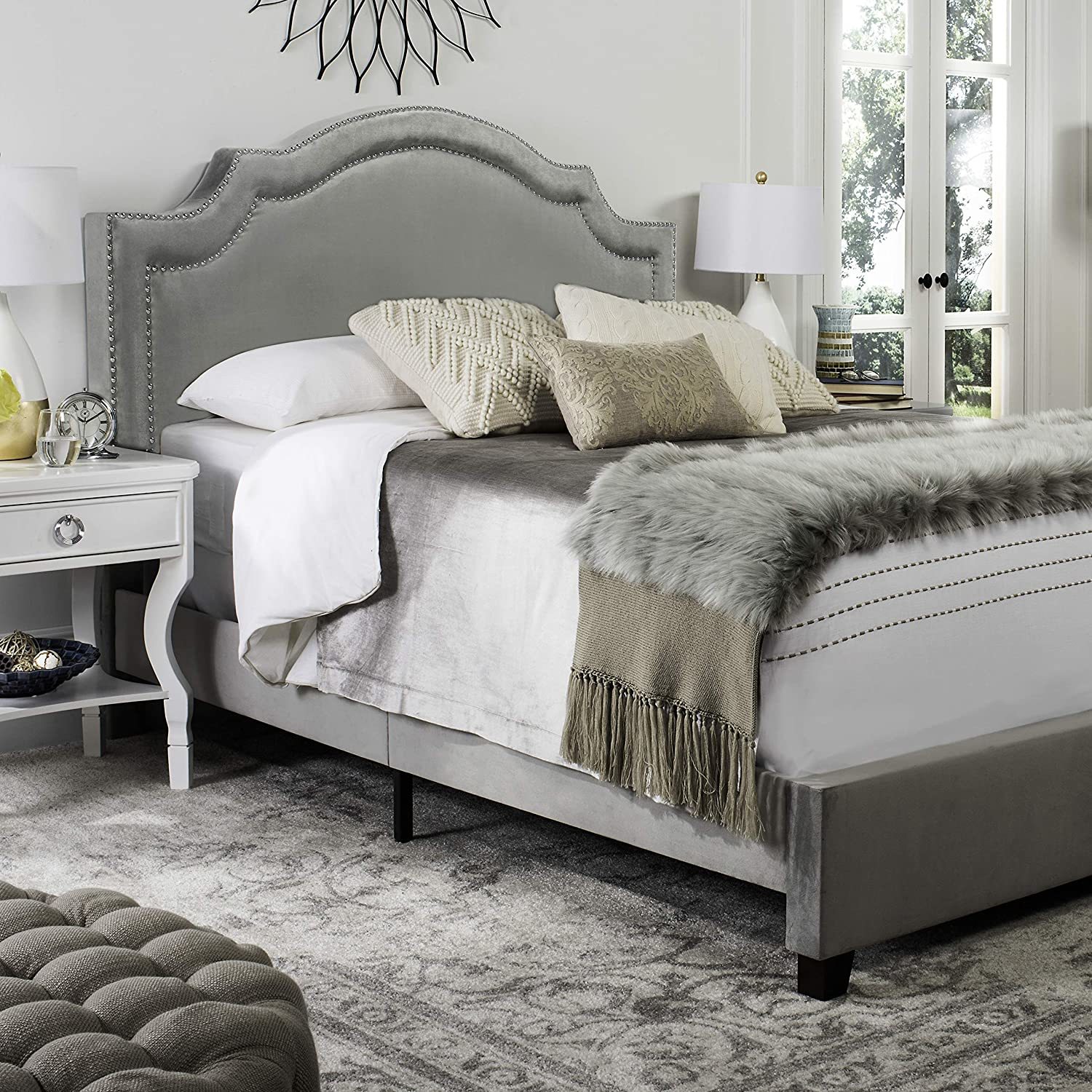 Theron Full Bed In Pewter Velvet With Nickel Nailhead Trim From Safavieh Home - $527.99
