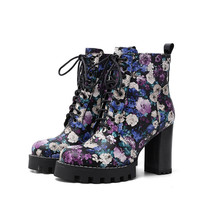 Flower print Women&#39;s shoes platform thick heel ankle boots New arrival autumn wi - £93.68 GBP