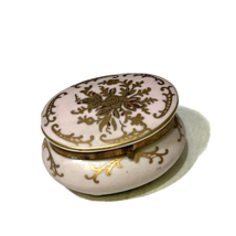 Vtg Porcelain Trinket Box Pink Gold Hand Painted Oval Floral Footed - £18.96 GBP