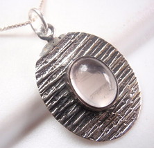 Rose Quartz Oval Etched Lines Necklace 925 Sterling Silver Corona Sun Jewelry - £13.42 GBP