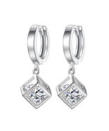 Silver Plated Dangle Dropp Cube Hoop Earrings For Women With Cubic Zirco... - £10.63 GBP