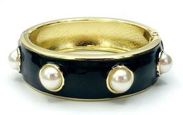 Vintage 80&#39;s Black Enamel Faux Pearl Hinged Bangle Bracelet - £15.78 GBP