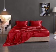 Red Satin Silk Bed Sheet 4 Piece Luxury Bedding Ultra Soft Queen Size Coverlet - £60.72 GBP