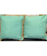 THRO By Marlo Lorenz Light Aqua/Sand Colored Fringe Throw Pillow 19” Square - £27.46 GBP