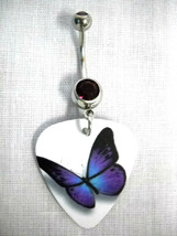 2 Tone Purple Butterfly Print Guitar Pick On 14g Purple Cz Belly Ring Barbell - £4.71 GBP