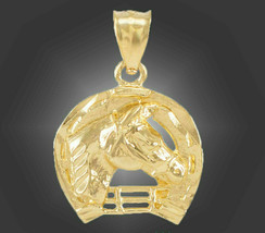 14k Solid Yellow Gold Horseshoe with Horse Head Pendant Necklace - £219.73 GBP+