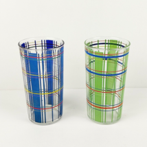 Vintage Blue &amp; Green Tartan Plaid Drinking Glasses Set Colorful 5&quot; Tall Lot of 2 - £15.09 GBP