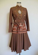 Vtg 60s 2Pc Dress S Pleat Skirt Tunic Top Embroidery Herman Marcus Brown... - $69.99