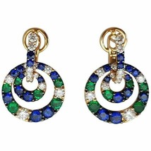 Emerald Sapphire &amp; CZ Diamond Double Circle Earrings 1.50Ct 14k Yellow Gold Over - £95.89 GBP