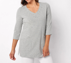 Quacker Factory Bling V-Neck Tunic With Sparkle Pockets- Heather Grey, Petite Xl - £19.96 GBP