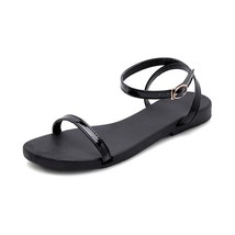 ZJVI Women Summer Bech Patent Genuine Leather Flat Sandals Woman Flats Black Whi - £27.68 GBP