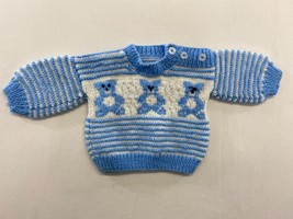Hand Knitted Baby Boys Blue White Crew Neck Sweater Bear Long Sleeve Crew - £7.90 GBP