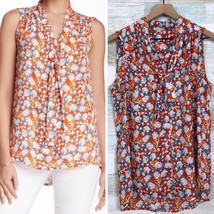 Pleione Crepe Tie Neck Tunic Blouse Orange Floral Sleeveless Womens Small - $29.69