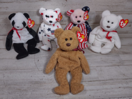 5 Vintage Ty Beanie Babies Bears Panda USA America Glory Spangle Valentino - £7.21 GBP