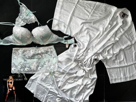 Nwt Victoria&#39;s Secret 34D,34DD,36B,36C Bra Set+Garter+Robe Silver Mint Seduction - £237.40 GBP