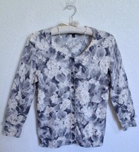 Talbots Silk Cotton Cardigan Sweater XS Gray Floral Wht Silk Flower Embe... - $18.99