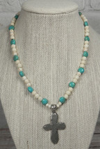 Howlite Silver Cross Beaded Necklace Handmade Stretch Boho White Turquoise New - £15.52 GBP