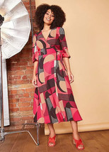 MARK HEYES Red Geo Print Wrap Midaxi Dress UK 14 (fm43-32) - £38.62 GBP