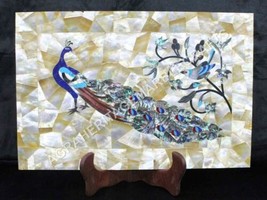 12&quot;x18&quot; Marble Serving Tray Peacock Inlay Art Golden Mother of Pearl Decor E1387 - £536.82 GBP