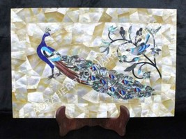 12&quot;x18&quot; Marble Serving Tray Peacock Inlay Art Golden Mother of Pearl Decor E1387 - £553.38 GBP