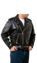 Men Black Leather Biker Jacket Brando Shoulder Epaulets Belted Waist Zip... - $2,546.82 MXN