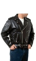 Men Black Leather Biker Jacket Brando Shoulder Epaulets Belted Waist Zip Closure - £109.66 GBP