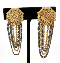 Jonne Vintage Clip-On Earrings Gold-Tone Medallion Dangling Gold/Silver-Tones - $19.34