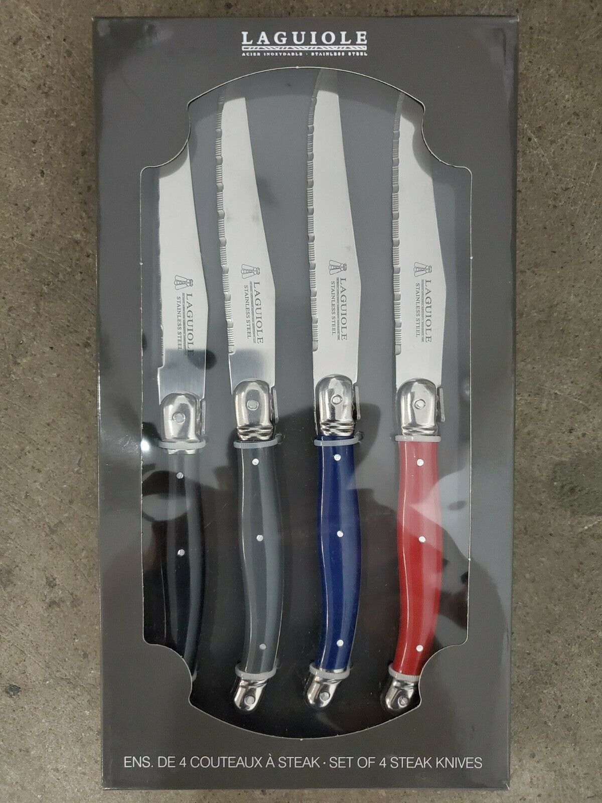 Primary image for LAGUIOLE set of 4 steak knives in Red / Grey / Black and Blue ,Free shipping