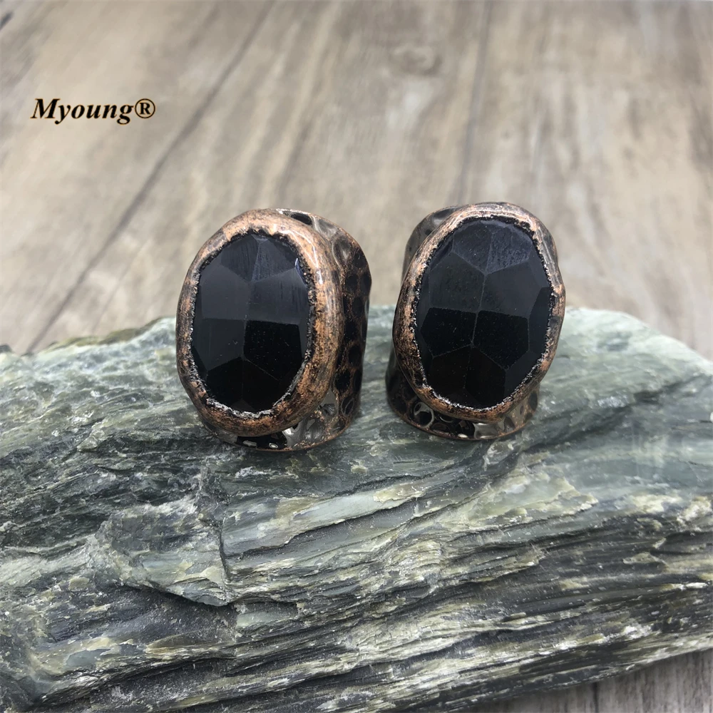 Boho Jewelry Bronze Plated Large Faeted Oval Shape Natural Black Obsidian Stone  - $73.93