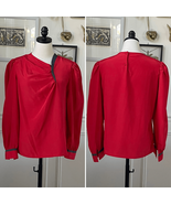 Vintage 80s Chaus Red Blouse Dark Grey Trim Asymmetrical Neck L - €19,77 EUR
