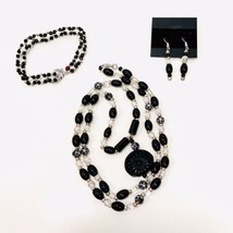 Necklace Bracelet &amp; Earrings Set Faux Black Agate Crystal Diamond Cut Beads New - £17.54 GBP