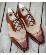 Men&#39;s Handmade Spectator Shoes Brogue Wingtip Brown And White Formal Dre... - $99.50