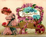 Vtg Postcard 1910s Remember Me Greetings Embossed Gilded Flower Cart Girl - $4.42