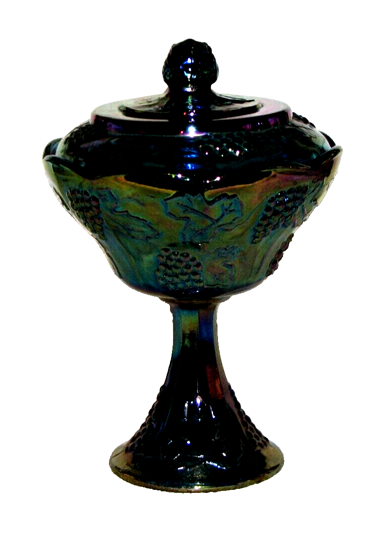 Indiana Glass Black Amethyst Pedestal Lidded Compote Dish Harvest Grape Patt. - $29.69