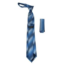 Mens Narrow Tie/Hankie Set Woven Vito Rofolo VTR-103 Blue Pique Stripe image 2