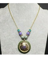 Vintage 20&quot; Gold Tone Necklace with Green Purple &amp; Gold Tone Designed Pe... - £9.95 GBP