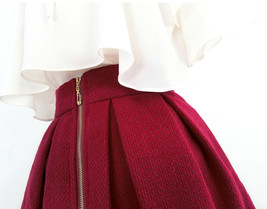 Winter Wine-red Long Pleated Skirt Women Plus Size A-line Wool Midi Party Skirt image 4