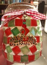 Merry Christmas Mosaic Tea Light New Small Glass Jar Decor Stash Gifts D... - $11.45